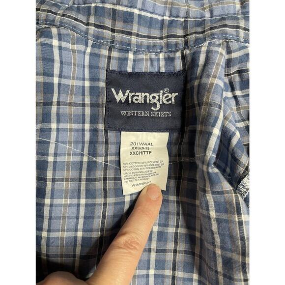 Wrangler Shirt Boys XXS (0-2) Western Pearl Snap Plaid Rodeo Blue Shirt - Picture 4 of 4